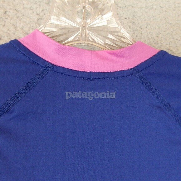 Patagonia Rash Guard Shirt Girl's Large Blue Pink Short Sleeve Mock Neck Swim - Picture 7 of 10